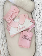 Personalised blush pink cotton baby overall set - view 3 | Eli&Eli