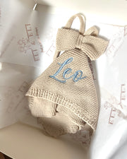 Personalised baby boy knitted comforter and pacifier holder set - view 4 | Eli&Eli