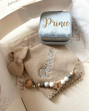 Personalised baby boy knitted comforter and pacifier holder set - view 5 | Eli&Eli