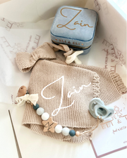 Personalised baby boy knitted comforter and pacifier holder set - view 6 | Eli&Eli