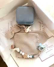 Personalised baby boy knitted comforter and pacifier holder set - view 8 | Eli&Eli