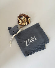 Personalised cuddle toy comforter blanket in deep blue - view 2 | Eli&Eli