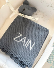 Personalised cuddle toy comforter blanket in deep blue - view 3 | Eli&Eli