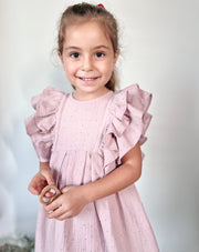 Double ruffle muslin dress in dusty pink gold - view 2 | Eli&Eli