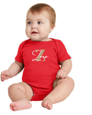 A baby wearing a red short-sleeve onesie with a personalized name print.