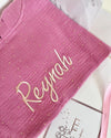 Personalised hooded muslin poncho towel in dark pink with gold dots - Eli&Eli Dubai