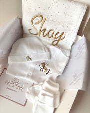 Personalised hospital and baby shower newborn gift set in gold - view 6 | Eli&Eli