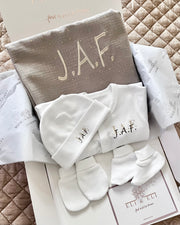 Personalised hospital and baby shower gift set in grey and gold - view 2 | Eli&Eli