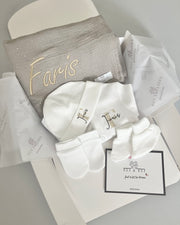 Personalised hospital and baby shower gift set in grey and gold - view 4 | Eli&Eli