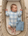 Personalised knitted baby romper in blue and white check with custom name or monogram - Eli&Eli Dubai