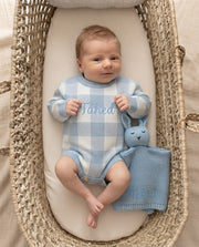Personalised knitted baby romper in blue and white check - view 2 | Eli&Eli