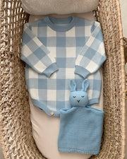 Personalised knitted baby romper in blue and white check - view 3 | Eli&Eli