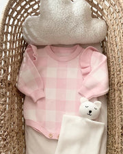 Personalised knitted baby ruffle romper in pink and white check - view 3 | Eli&Eli