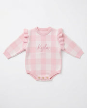 Custom Name or Monogram Knitted Baby Romper with Ruffles - Pink & White Caro (2 Pieces) - view 2 | Eli&Eli