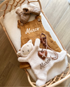 Personalised muslin baby boy gift hamper, 4-piece newborn gift set with name embroidery - Eli&Eli Dubai