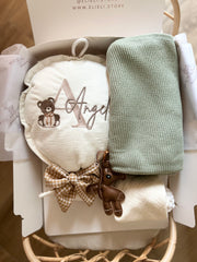 Personalised muslin baby gift hamper in sage and ivory - view 6 | Eli&Eli