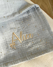 Personalised muslin comforter blanket with wooden teether in gold blue - view 14 | Eli&Eli