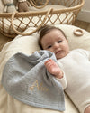 Personalised muslin comforter blanket with wooden teether in gold blue - Eli&Eli Dubai