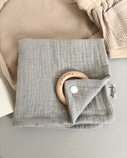 Personalised muslin comforter blanket with wooden teether in gold blue - view 6 | Eli&Eli