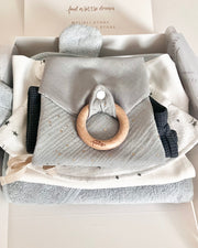 Personalised muslin comforter blanket with wooden teether in gold blue - view 9 | Eli&Eli
