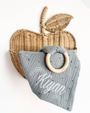 Personalised muslin comforter blanket with wooden teether in olive - view 2 | Eli&Eli