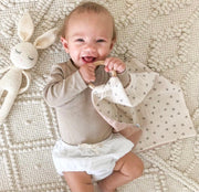 Personalised muslin comforter blanket with wooden teether in olive - view 5 | Eli&Eli