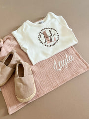 Personalised muslin comforter blanket with wooden teether in olive - view 6 | Eli&Eli