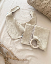 Personalised muslin comforter blanket with wooden teether in olive - view 7 | Eli&Eli