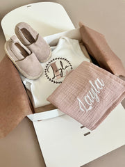 Personalised muslin comforter blanket with wooden teether in olive - view 8 | Eli&Eli