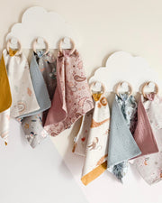 Personalised muslin comforter blanket with wooden teether in olive - view 9 | Eli&Eli