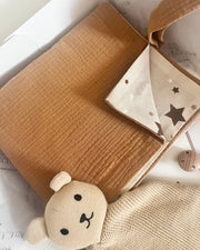 Personalised newborn muslin blanket set in hazelnut - view 2 | Eli&Eli