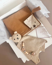 Personalised newborn muslin blanket set in hazelnut - view 3 | Eli&Eli