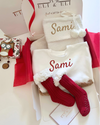 Personalised white terry romper Christmas gift set with sherpa pockets, stocking and red socks - Eli&Eli Dubai