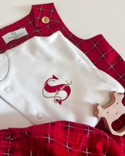 White cotton Christmas baby overall with red gold name - view 2 | Eli&Eli