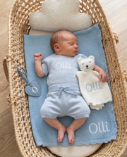 Premium personalised blanket gift hamper in baby blue, 5-piece newborn gift set - Eli&Eli Dubai