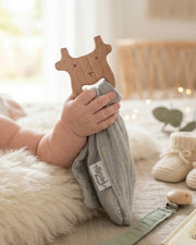 Wooden animal teethers with muslin ribbons, colour options - Eli&Eli