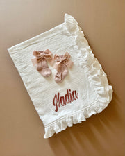 Luxury ruffle muslin baby blanket in white - view 12 | Eli&Eli