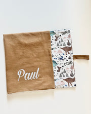 Personalised muslin baby blanket with brown dinosaurs - view 3 | Eli&Eli
