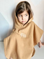 Hooded muslin poncho in honey caramel - view 2 | Eli&Eli