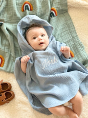 Hooded muslin poncho in sky blue - view 4 | Eli&Eli