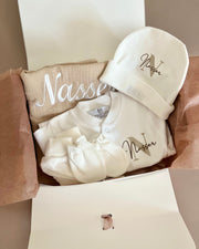 Personalised hospital and baby shower gift set in beige and gold - view 2 | Eli&Eli