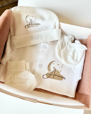 Personalised cotton baby gift set with overall, hat, mittens and socks - Moon & Stars by Eli&Eli