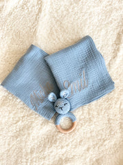 Muslin Swaddle plain with embroidery name and a bunny crochet rattle with wooden teether ring