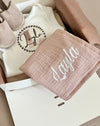 Personalised muslin comforter blanket with wooden teether in dusty pink - Eli&Eli Dubai
